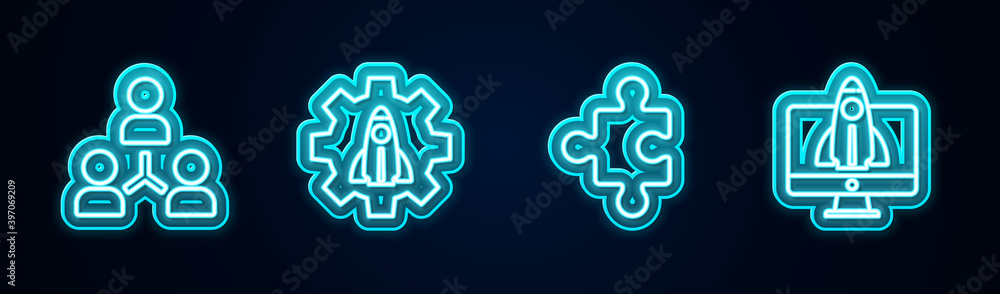 Set line Project team base, Startup project concept, Piece of puzzle and . Glowing neon icon. Vector. Set line Project team base, Startup project concept, Piece of puzzle and . Glowing neon icon. Vector.