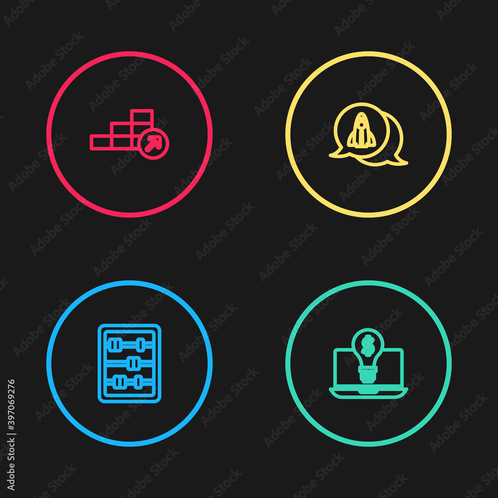 Set line Abacus, Light bulb with dollar on laptop, Startup project concept and Financial growth icon. Vector. Set line Abacus, Light bulb with dollar on laptop, Startup project concept and Financial growth icon. Vector.