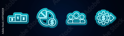 Set line Business podium, Pie chart and dollar, Users group and Gear with. Glowing neon icon. Vector.