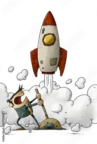 Rocket taking off because a man is operating a lever. launch concept, isolated