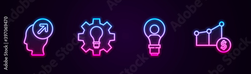 Set line Head hunting concept, Light bulb and gear, with lamp and Pie chart dollar. Glowing neon icon. Vector.