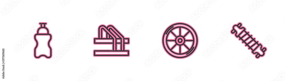 Set line Sport bottle with water, Bicycle wheel, parking and suspension icon. Vector. Set line Sport bottle with water, Bicycle wheel, parking and suspension icon. Vector.