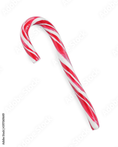 Sweet Christmas candy cane isolated on white, top view