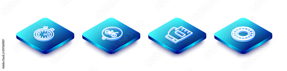 Set Isometric line Stopwatch, Bicycle, Gloves and ball bearing icon. Vector. Set Isometric line Stopwatch, Bicycle, Gloves and ball bearing icon. Vector.
