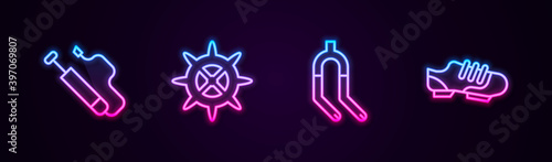 Set line Bicycle air pump, sprocket crank, fork and shoes. Glowing neon icon. Vector.
