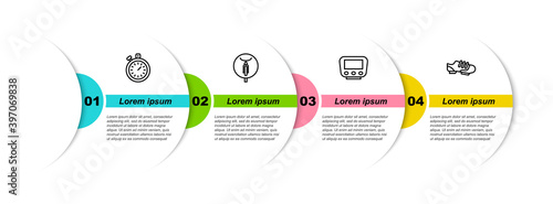 Set line Stopwatch, Bicycle, speedometer and shoes. Business infographic template. Vector.