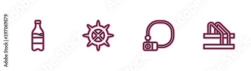 Set line Sport bottle with water, Bicycle lock, sprocket crank and parking icon. Vector.
