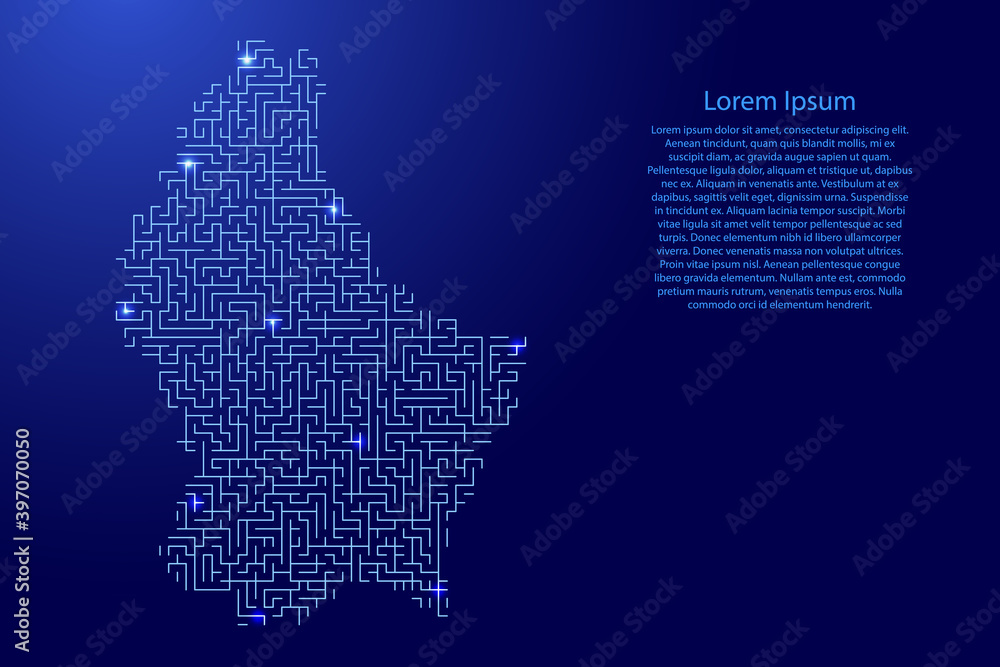 Luxemburg map from blue pattern of the maze grid and glowing space stars grid. Vector illustration.