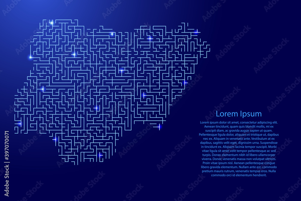 Nigeria map from blue pattern of the maze grid and glowing space stars grid. Vector illustration.