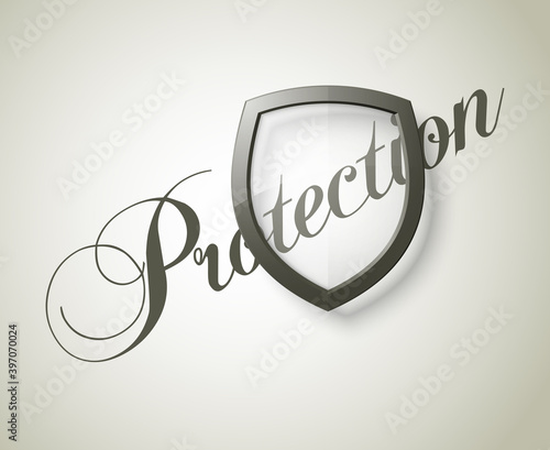 Protection font lettering & transparent shield concept. Safety badge icon. Privacy banner shield. Security label. Defense shield tag. Presentation sticker shape. illustration background