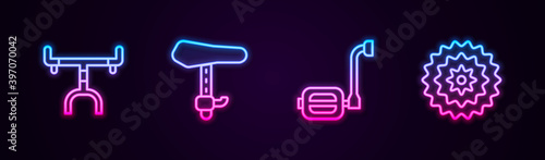 Set line Bicycle handlebar, seat, pedal and cassette. Glowing neon icon. Vector.
