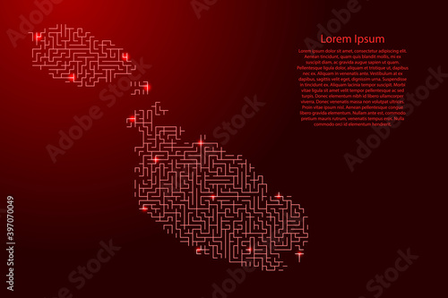 Malta map from red pattern of the maze grid and glowing space stars grid. Vector illustration.