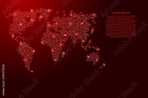 World map from red pattern latin alphabet scattered letters and glowing space stars grid. Vector illustration.