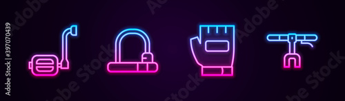 Set line Bicycle pedal, lock, Gloves and handlebar. Glowing neon icon. Vector.