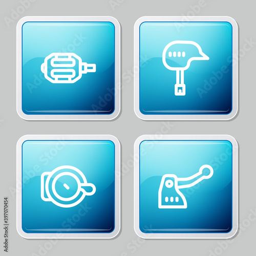 Set line Bicycle pedal, helmet, bell and brake icon. Vector.