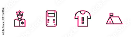 Set line Police officer, T-shirt protest, assault shield and Protest camp icon. Vector.