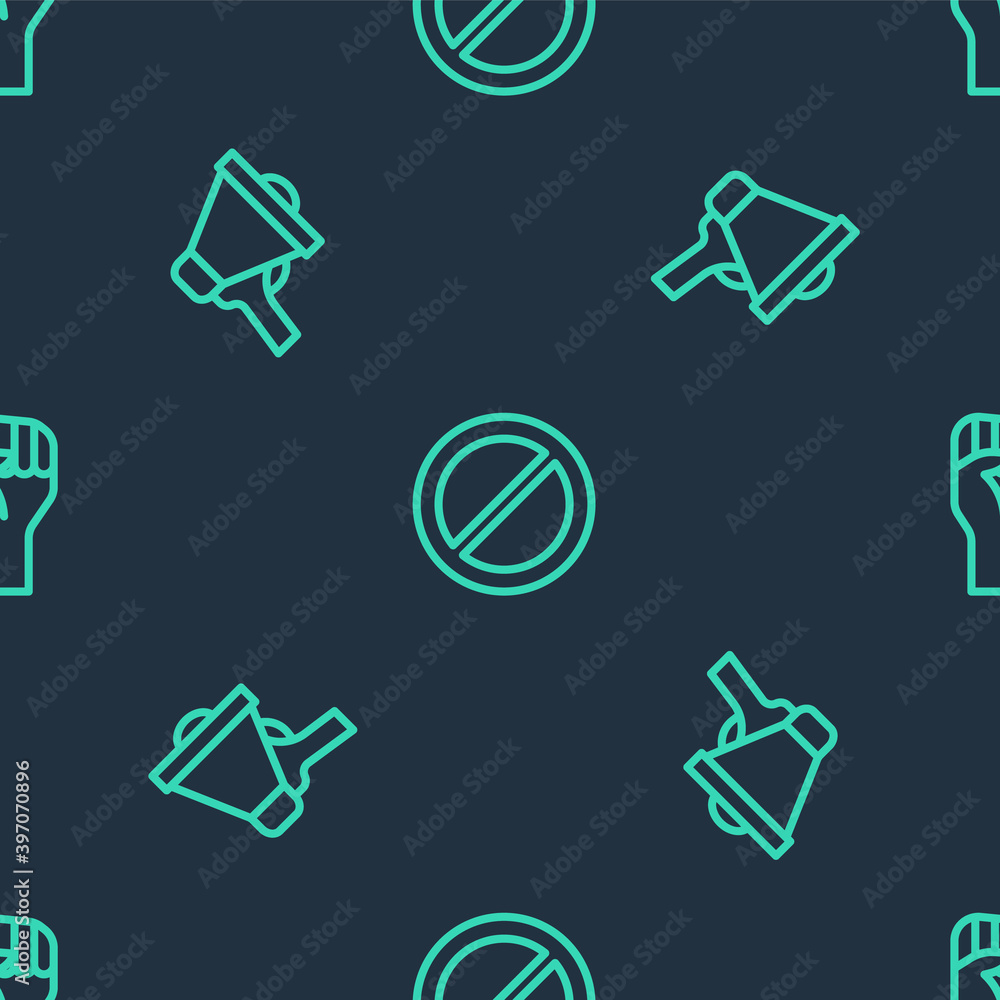 Set line Ban, Megaphone and Raised hand with clenched fist on seamless pattern. Vector. Set line Ban, Megaphone and Raised hand with clenched fist on seamless pattern. Vector.