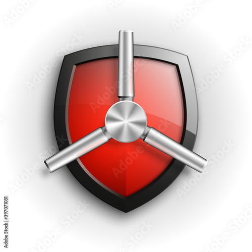 Protection guard shield concept with safety handwheel. Safety badge helm icon. Privacy Safe door handle banner. Security bright label. Presentation shining sticker shield shape. Defense safeguard sign
