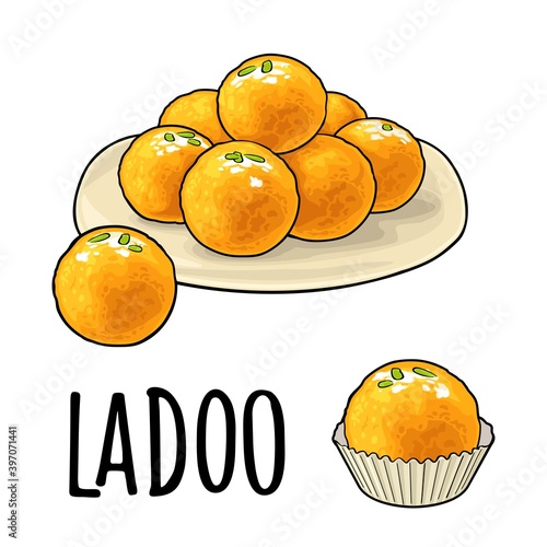Indian traditional sweets Ladoo in plate. Vector vintage engraving