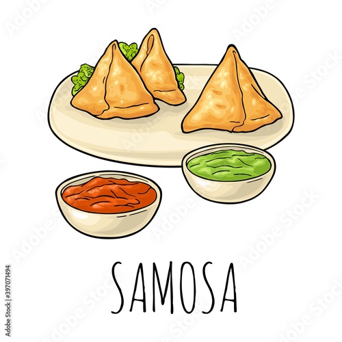 Samosa on board with sauces in bowl. Vector color engraving