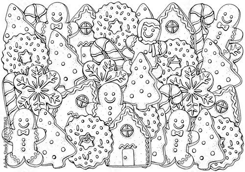 Christmas gingerbread cookies, holiday baking. Pattern with winter hand-drawn decorative elements in vector. Coloring book page for adults. Black and white.