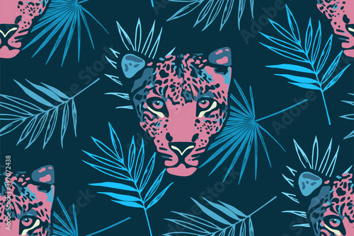Tropical seamless pattern with palm leaves and leopard.