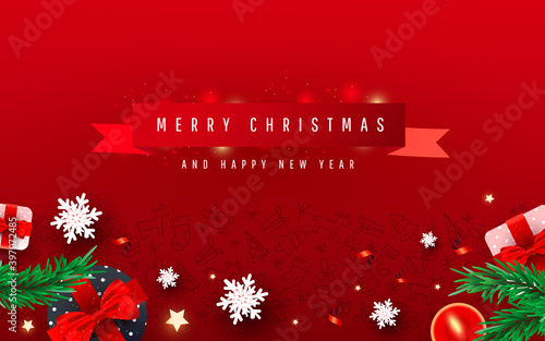 Creative Happy New Year and Merry Christmas background or holiday banner. Xmas gifts box, festive decorative snow, fir pine and fire candle. Flat lay, top view.