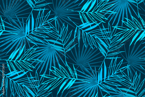 Blue tropical seamless pattern with palm leaves.