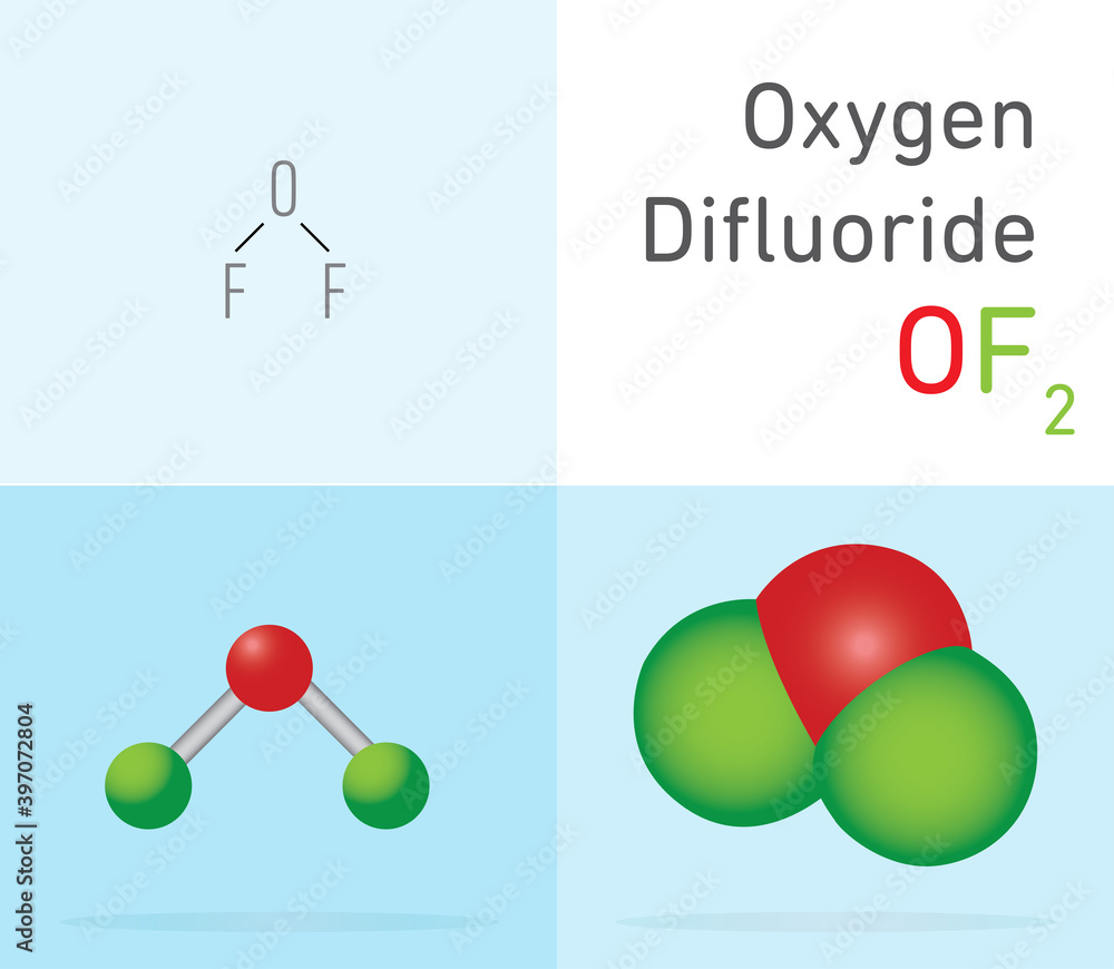 Oxygen Diluoride (OF2) gas molecule. Two different molecule model and