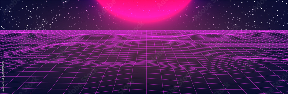 Synthwave sunset. 80s style background. Pink grid and sun. Dark sky ...