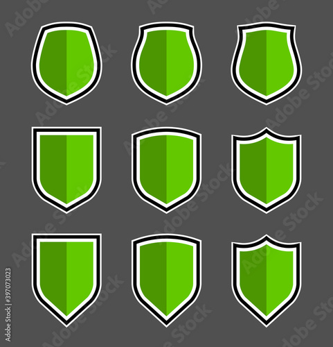 Protect guard shield plain line concept. Outline shield badge. Safety icon set. Privacy banner kit. Security label. Flat style protect sticker symbol shape. Safeguard simple sign linear pictogram