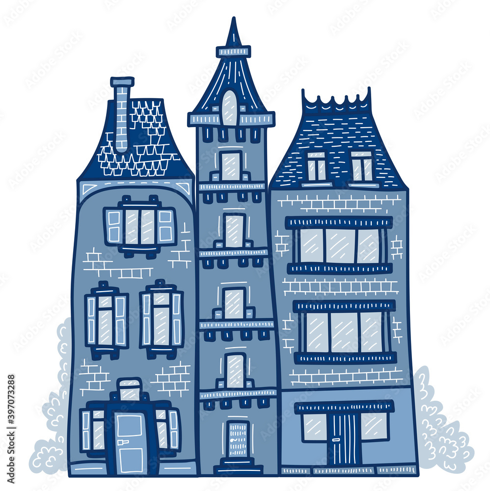 Vintage city houses. Hand drawn vector doodle. Set of illustrations with outline on white background. Design for children's book or print.