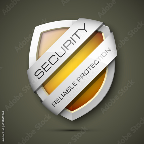 Security reliable protection guard shield concept. Safety badge, Protection icon. Privacy banner shield. Security label. Defense tag. Presentation sticker shield. Defense safeguard sign. badge