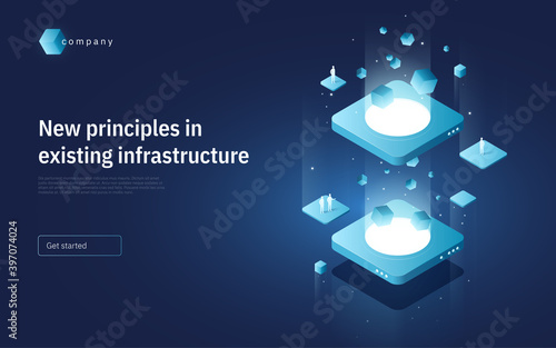 Abstract isometric vector illustration on the subject of technologies, data, processes, platforms, services. Landing page template