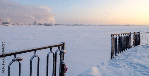 Winter landscape in the area of ​​the Stroganovs' estate (chamber), Usolye, Perm Territory, Russia. photo