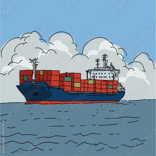 Container-ship-in-the-sea-vectpr-illustration-Cargo ship