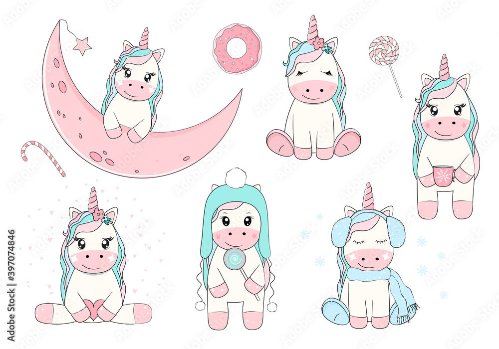 Set of cute unicorns in cartoon style. Vector illustration. Set of cute unicorns in cartoon style. Vector illustration.