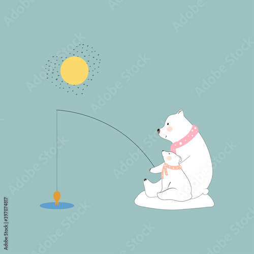 Cute Polar bear Mommy and child fishing together with smiling face,Family bear Dad and cub catching fish in sunny day in sunny day,Greeting card for Baby shower, kid birthday,Mother day or Father day