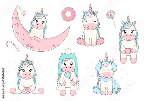 Set of cute unicorns in cartoon style. Vector illustration.