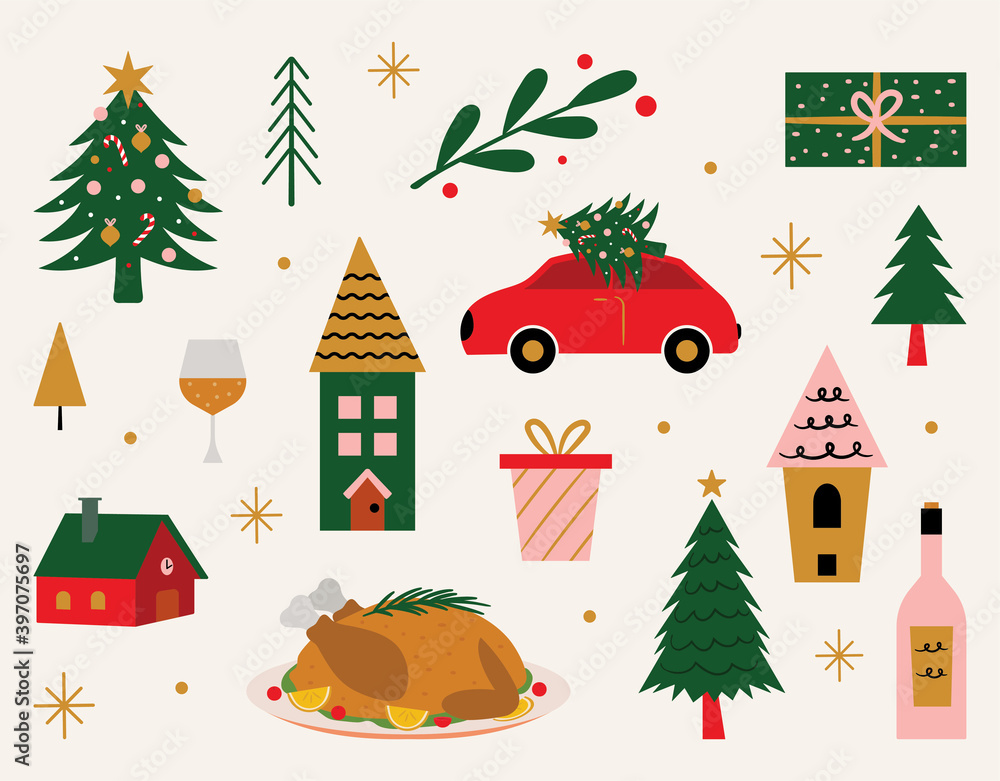 Collection of Christmas Elements featuring Christmas trees, houses, food and more.