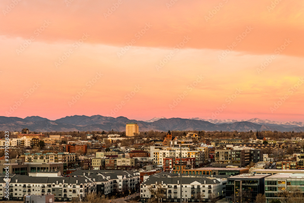 Denver skyline with dramatic sunset