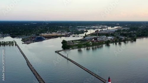 Aerial view of the river and the city in Menominee, Mi photo