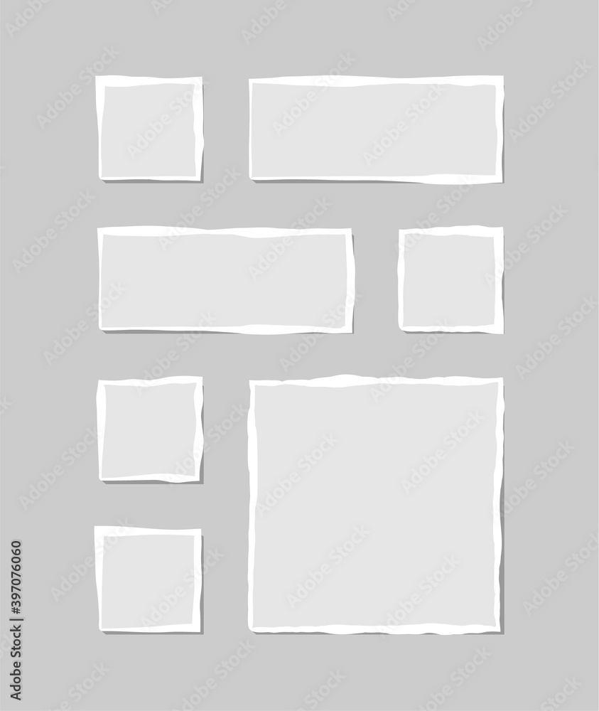 Set of torn white note. Scraps of torn paper of various shapes isolated on gray background. Vector illustration. - obrazy, fototapety, plakaty 