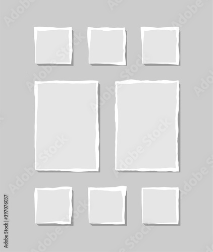 Set of torn white note. Scraps of torn paper of various shapes isolated on gray background. Vector illustration.