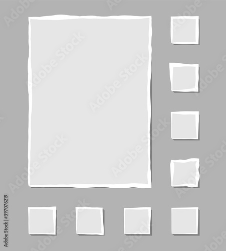 Set of torn white note. Scraps of torn paper of various shapes isolated on gray background. Vector illustration.