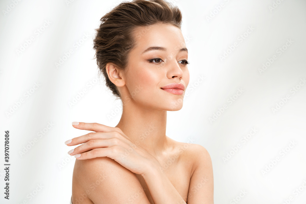 Beautiful woman with perfect makeup on white background. Beauty and skin care concept Beautiful woman with perfect makeup on white background. Beauty and skin care concept