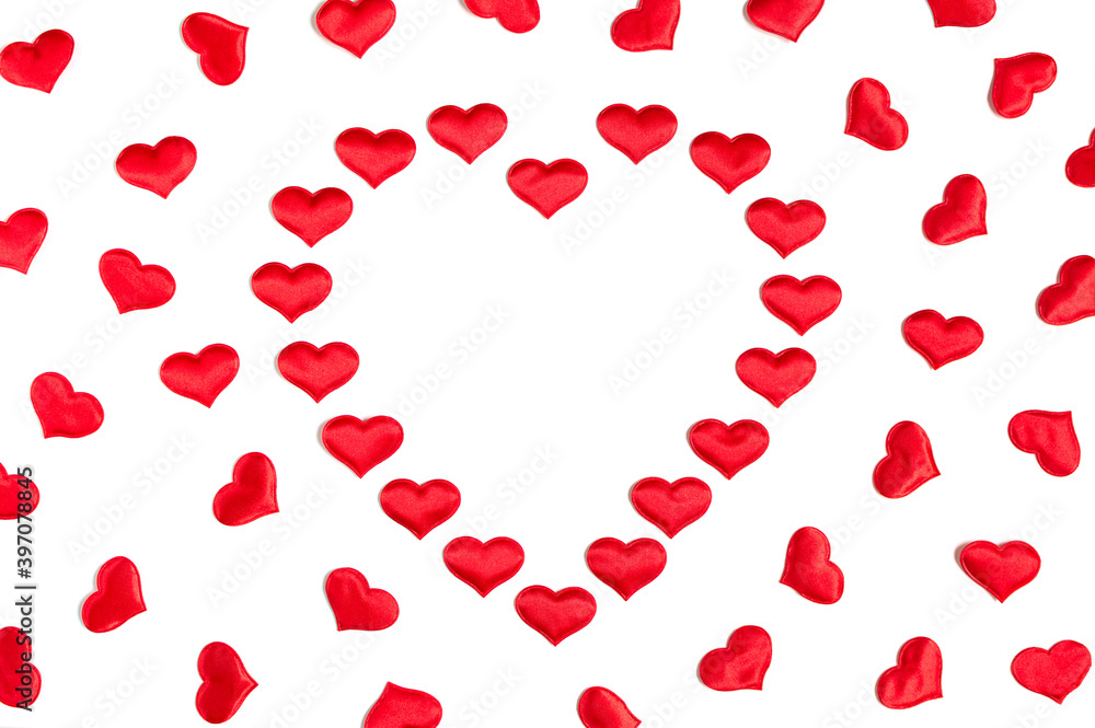 Heart made of small red hearts isolated on white background with copy space