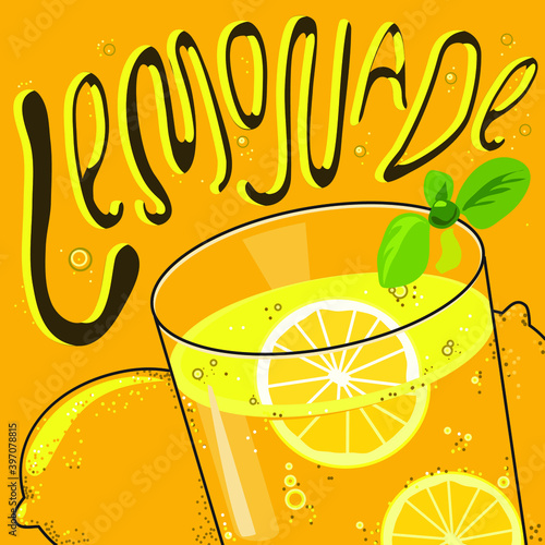 bright illustration of a glass of lemonade with lemons on a background