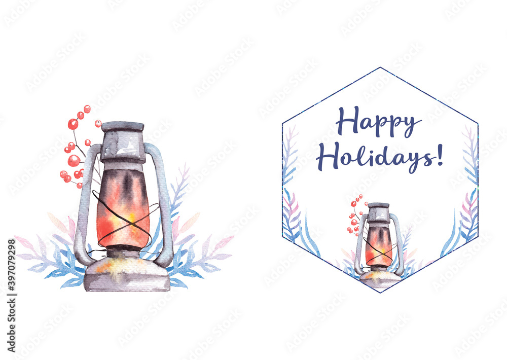 watercolor drawing - winter card - happy holidays - postcard template