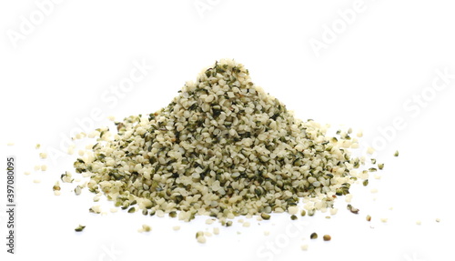 Peeled hemp seed isolated on white background